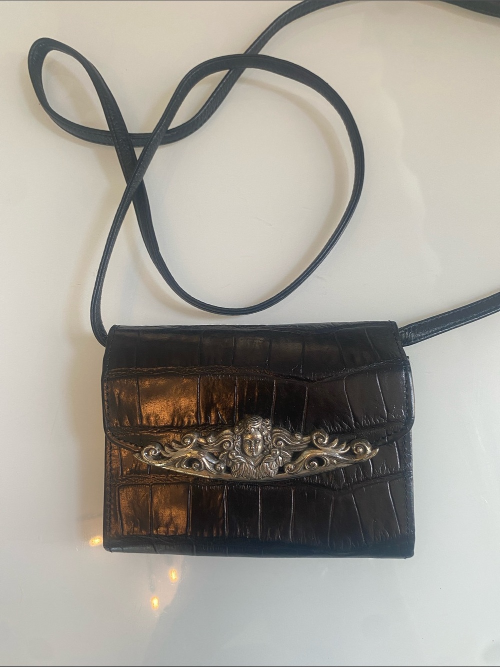 Small Black Croc-Embossed Leather Crossbody Bag with Silver Accent-vintage